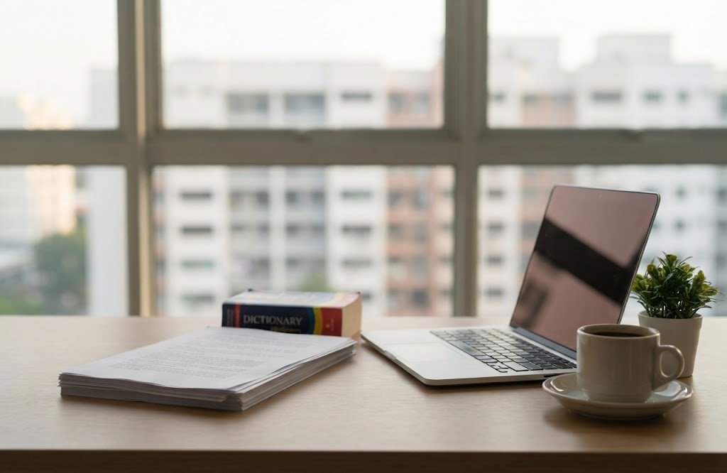 Translator's desk with documents and laptop