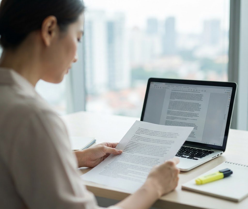 Translator working on documents in a Singapore office